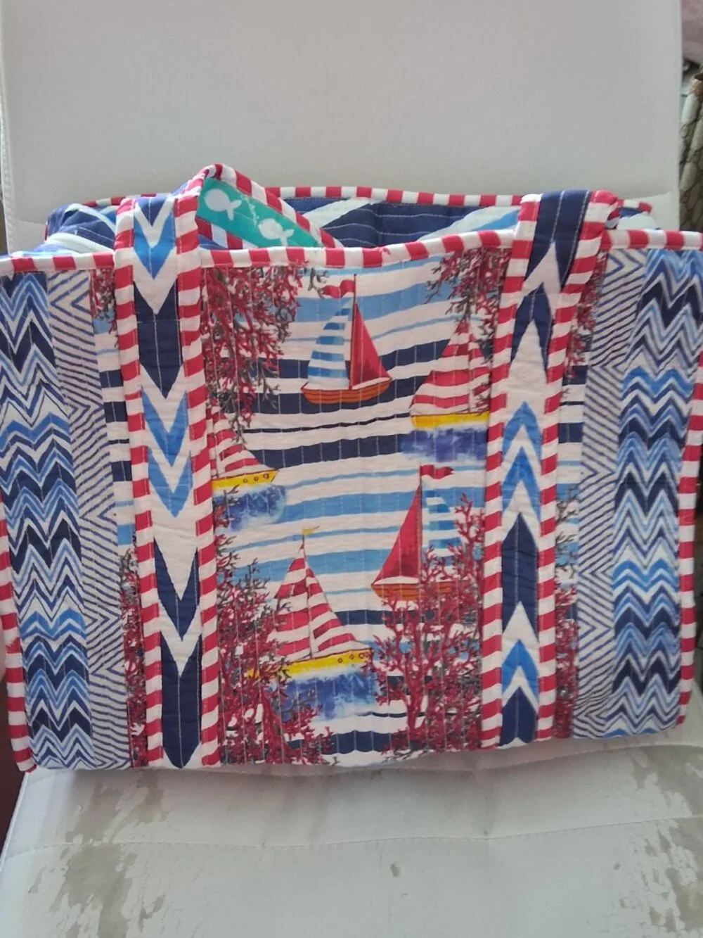 ANTICA SARTORA ITALY QUILTED TOTE BAG Boat SCENE PRINT COTTON NWT